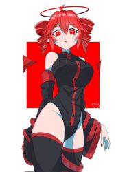  ahoge bare_shoulders black_leotard black_thighhighs breasts commentary_request corrupted_twitter_file cross-shaped_pupils detached_sleeves drill_hair female flying_nimbus highres kasane_teto large_breasts leotard looking_at_viewer nail_polish red_eyes red_hair red_nails seibutsu_(kaibu23_seibutu) signature solo symbol-shaped_pupils thighhighs triangle_mouth twin_drills utau 
