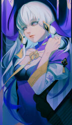  absurdres black_dress breasts chinese_commentary cleavage collarbone commentary_request covered_navel detached_collar dress female fire_emblem fire_emblem:_three_houses hair_between_eyes highres juliet_sleeves lips long_hair long_sleeves lysithea_von_ordelia lysithea_von_ordelia_(timeskip) medium_breasts nose parted_lips pink_eyes pink_lips puffy_sleeves purple_dress shenye_yuu small_breasts solo two-tone_dress veil very_long_hair white_hair white_sleeves wide_sleeves 