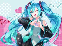  aqua_eyes aqua_hair aqua_nails aqua_necktie aqua_trim arm_tattoo black_skirt blush breasts collared_shirt commentary_request detached_sleeves female hair_between_eyes hair_ornament hatsune_miku heart heart_hands long_hair long_sleeves looking_at_viewer medium_breasts necktie nose_blush number_tattoo one_eye_closed open_mouth pleated_skirt shirt skirt sleeveless sleeveless_shirt smile solo tattoo twintails tyouya very_long_hair vocaloid wide_sleeves 