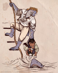  absurd_res accessory anthro aquatic artist_name blonde_hair bottomwear brown_body brown_fur brown_hair clothed clothing duo feral fish fully_clothed fur hair hair_accessory hair_ribbon hi_res holding_another holding_object holding_rope jack_aubrey leona-florianova leopard_seal male mammal master_and_commander:_the_far_side_of_the_world mustelid otter outside pants pinniped ribbons rococo_clothing rope scar seal shark sharp_teeth shirt stephen_maturin tail tan_bottomwear tan_clothing tan_pants teeth text topwear water white_clothing white_shirt white_topwear 