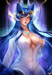  blue_hair breasts chest_jewel cleavage commentary crescent crescent_hair_ornament dragon_girl dragon_horns english_commentary female hair_ornament horns indie_virtual_youtuber large_breasts long_hair red_eyes saniko_art shirt solo starry_hair very_long_hair vienna_(4th_costume)_(vtuber) vienna_(vtuber) virtual_youtuber white_shirt 