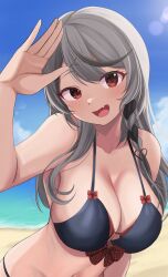  absurdres arm_up beach bikini black_bikini black_streaks blue_sky blush bow breasts cleavage cloud collarbone commentary_request day female grey_hair hair_ornament heart heart_hair_ornament highres hololive large_breasts long_hair looking_at_viewer multicolored_hair ocean oerba_yun_fang open_mouth outdoors ramkilog red_bow red_eyes sakamata_chloe salute skin_fang sky smile solo streaked_hair swept_bangs swimsuit upper_body virtual_youtuber x_hair_ornament 