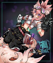  animal_ears bandaged_arm bandages black_gloves black_pants breasts commentary english_commentary esproner fangs female fox_ears fox_girl fox_tail gloves goggles goggles_on_head hair_between_eyes highres indie_virtual_youtuber large_breasts looking_at_viewer mechanical_legs meicha_(vtuber) mole mole_under_eye navel pants pink_hair ponytail purple_eyes screwdriver shirt single_sidelock solo suspenders tail tongue tongue_out torn_clothes torn_shirt virtual_youtuber white_shirt 
