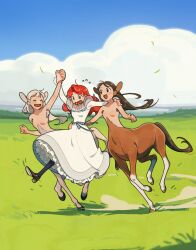  3girls animal_ears armpit_hair blonde_hair carol_cao centaur cloud commentary dress english_commentary field grass highres hooves horse_ears horse_tail interlocked_fingers long_hair monster_girl multiple_girls multiple_legs open_mouth original red_hair sky smile tail taur 
