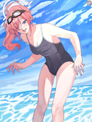  absurdres ahoge alternate_breast_size_(larger) alternate_costume blue_archive blue_sky breasts cleavage cloud commentary english_commentary goggles goggles_on_head hair_over_one_eye halo highres hoshino_(blue_archive) large_breasts ocean one-piece_swimsuit one_eye_closed open_mouth pink_halo sky swimsuit taller_than_canon thanh_thanh waves 