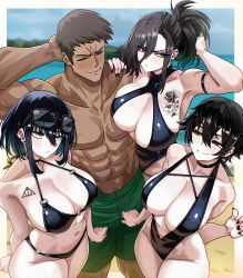  1boy 3girls absurdres arm_hug averting_eyes bikini black_bikini black_choker black_hair black_nails black_one-piece_swimsuit blue_eyes blue_hair blush border breast_press breast_tattoo breasts brown_hair center_opening choker colored_inner_hair commentary_request commission earrings eyewear_on_head frown girl_sandwich goth_fashion green_eyes green_hair hair_between_eyes hair_over_one_eye halterneck hand_on_another's_shoulder highres huge_breasts jewelry large_breasts looking_at_another mole mole_under_eye mole_under_mouth multicolored_hair multiple_girls o-ring o-ring_bikini o-ring_bottom o-ring_top one-piece_swimsuit original outside_border plunging_neckline red_eyes sandwiched short_hair short_hair_with_long_locks side_ponytail smile spanish_commentary standing stud_earrings sunglasses swimsuit tattoo vlizz wavy_mouth white_border 