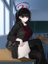  absurdres backpack bag black_hair black_halo black_sailor_collar black_skirt black_thighhighs blue_archive classroom closed_mouth commentary female halo highres indoors long_hair looking_at_viewer multicolored_halo nail_polish neckerchief ponytail psp3311 red_eyes red_halo red_nails red_neckerchief rio_(blue_archive) sailor_collar single_sidelock sitting sitting_on_table skirt solo thighhighs two-tone_halo 