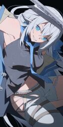  absurdres armpits black_background blue_eyes blue_necktie commentary crossed_bangs denim double-parted_bangs eiyuu_densetsu female floating_hair floating_neckwear glint grin hair_between_eyes half_updo highres holding holding_sword holding_weapon katana kuro_no_kiseki_(series) kuro_no_kiseki_ii long_hair looking_at_viewer loose_necktie midriff_peek navel necktie pants rope sakuraihum shimenawa shizuna_rem_misurugi sidelocks simple_background smile solo sword torn_clothes torn_pants untranslatable_commentary upper_body weapon white_hair white_pants 