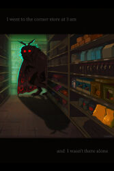  2023 ambiguous_gender animal_humanoid arthropod arthropod_humanoid artist_name black_bars black_body bottle box can cereal_box container cryptid english_text floor glowing glowing_eyes hi_res humanoid insect_humanoid insect_wings insects inside jar lepidopteran lepidopteran_humanoid lepidopteran_wings letterbox lindsay_pearson moth_antennae moth_humanoid mothman night red_eyes shadow shelf solo text tile tile_floor wings 