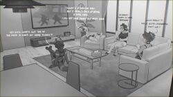  anthro ass biped bottomwear breasts canid canine clothed clothing detailed_background dialogue electronics female furniture group hi_res inside mammal sincrescent sitting sofa television text topwear 