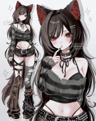  :o absurdres animal_ears arm_at_side armpit_crease arms_at_sides asymmetrical_legwear belt belt_buckle belt_collar black_belt black_camisole black_collar black_hair black_leggings black_nails black_ribbon black_shoes black_shorts black_sweater black_tail blush breasts buckle camisole cleavage collar commentary crop_top cropped_sweater cutoffs denim denim_shorts detached_leggings female fingernails flower frills grey_thighhighs hair_intakes highres laddered_thighhighs large_breasts leggings long_fingernails long_hair long_sleeves looking_at_viewer midriff multiple_views nail_polish navel neck_ribbon o-ring off-shoulder_sweater off_shoulder original oysi_mysi panty_straps parted_bangs parted_lips pink_lips polka_dot red_eyes red_flower ribbon shoes shorts single_bare_shoulder single_off_shoulder single_thighhigh striped_clothes striped_sweater sweater swept_bangs thigh_belt thigh_strap thighhighs torn_clothes torn_leggings torn_shorts torn_sweater torn_thighhighs untranslatable_commentary very_long_hair 