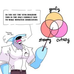  2024 anthro aquatic black_sclera blue_body bottomwear brown_bottomwear brown_clothing clothed clothed_anthro clothed_male clothing collared_shirt countershade_face countershade_neck countershading dialogue digital_drawing_(artwork) digital_media_(artwork) directional_arrow english_text fin fish flesh_fang front_view fully_clothed fully_clothed_anthro fully_clothed_male half-length_portrait head_fin hi_res holding_object holding_pointer looking_at_viewer male muscular muscular_anthro muscular_male open_mouth open_smile pockets pointer portrait pupils shark shirt simple_background sky_k.i._(character) skykdotidot slit_pupils smile solo speech_bubble talking_to_viewer text topwear venn_diagram white_background white_body white_clothing white_collared_shirt white_countershading white_shirt white_topwear yellow_eyes 