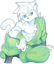  akira_(zipskyblue) anthro blue_eyes clothing felid feline fur green_clothing hi_res male mammal solo white_body white_fur zipskyblue 