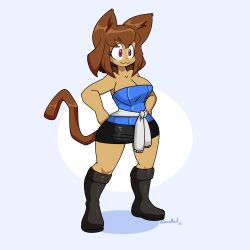  1:1 2026 absurd_res anthro big_breasts boots bottomwear breasts brown_hair brown_tail capcom cleavage clothed clothing cosplay domestic_cat felid feline felis female footwear gameoverse glitch_productions gunshad hair hi_res jill_valentine kit_bodega mammal red_eyes resident_evil shoes skirt smile solo tail 