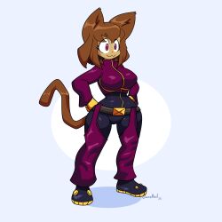  1:1 2026 absurd_res anthro big_breasts bodysuit breasts brown_hair brown_tail clothing cosplay domestic_cat felid feline felis female gameoverse glitch_productions gunshad hair hi_res kit_bodega mammal red_eyes skinsuit smile solo tagme tail tight_clothing 