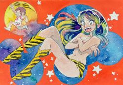  1boy animal_print boots breasts collarbone commentary_request cone_horns covering_breasts covering_privates female frown full_body highres holding holding_unworn_clothes horns knee_boots long_hair lum moroboshi_ataru muda_rengou_to_ziggy_stardust navel open_mouth pointy_ears print_boots running shirt shoes shorts smile star_(symbol) teeth tiger_print tiger_print_bikini topless_female unworn_bikini_top upper_teeth_only urusei_yatsura white_shirt white_shoes white_shorts 