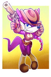  absurd_res archie_comics blue_eyes boots breasts clothing eyelashes fangs featureless_crotch female footwear fur gun hat headgear headwear hi_res looking_at_viewer lordiani mammal mustelid musteline nicolette_the_weasel purple_body purple_fur ranged_weapon sega shoes smile smiling_at_viewer solo sonic_the_hedgehog_(archie) sonic_the_hedgehog_(comics) sonic_the_hedgehog_(series) tail teeth true_musteline weapon weasel 
