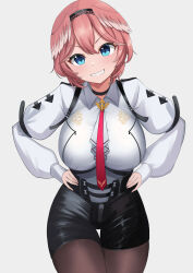  absurdres black_shorts blue_eyes breasts brown_pantyhose collared_shirt commentary cowboy_shot double-parted_bangs female grin hair_between_eyes hands_on_own_hips head_wings high-waist_shorts highres hololive large_breasts long_sleeves looking_at_viewer necktie pantyhose pantyhose_under_shorts pink_hair pink_necktie puffy_sleeves ramkilog shirt short_hair shorts simple_background smile solo takane_lui takane_lui_(1st_costume) thigh_gap tight_clothes tight_shirt v-shaped_eyebrows virtual_youtuber white_background white_shirt wings 