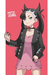  black_collar black_hair black_jacket black_nails closed_mouth collar collarbone commentary dress earrings eyelashes female green_eyes hair_ribbon highres holding holding_poke_ball jacket jewelry long_hair long_sleeves marnie_(pokemon) mitezuru nail_polish open_clothes open_jacket pillarboxed pink_dress poke_ball poke_ball_(basic) pokemon pokemon_sword_and_shield red_ribbon ribbon signature solo twintails 