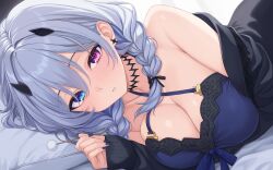  bare_shoulders black_choker black_jacket black_nails blue_eyes blue_shirt braid breasts cardigan choker cleavage collarbone criss-cross_halter cross-shaped_pupils earrings female grey_hair halterneck heterochromia highres horns jacket jewelry large_breasts long_hair looking_at_viewer lying mimikaki multicolored_hair nail_polish nameko_houshi neo-porte off_shoulder on_side parted_lips pillow purple_eyes shirt sleeveless sleeveless_shirt solo spaghetti_strap streaked_hair symbol-shaped_pupils tentei_forte twin_braids virtual_youtuber 