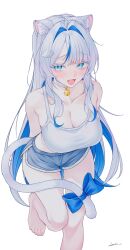  absurdres animal_ears aokumo_rin bare_shoulders barefoot bell blue_eyes blue_hair blue_shorts blush bow breasts cat_ears cat_girl cat_tail choker cleavage collarbone colored_eyelashes commentary_request crop_top dolphin_shorts female hair_intakes highres jingle_bell kemonomimi_mode korean_commentary large_breasts leg_up long_hair looking_at_viewer midriff multicolored_hair oerba_yun_fang open_mouth shirt short_shorts shorts simple_background sleeveless sleeveless_shirt smile solo standing standing_on_one_leg stellive streaked_hair tail tail_bow tail_ornament thighs two-tone_hair very_long_hair vini_(frisco) virtual_youtuber white_background white_choker white_eyelashes white_hair white_shirt 
