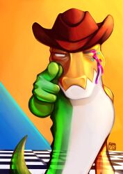  2024 713_(artist) absurd_res alligator alligatorid anthro candy clothing confetti cowboy_bebop crocodilian dessert food food_creature gesture glitch_productions gummigoo_(tadc) gummy_(food) gummy_creature hand_gesture hat headgear headwear hi_res living_candy male one_eye_closed pointing pointing_at_viewer reptile scalie solo tail the_amazing_digital_circus wink 