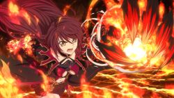  artist_request braid breasts collarbone commentary cowboy_shot english_commentary female fire floating_hair game_asset hair_between_eyes long_hair looking_at_viewer lower_teeth_only magic magic_arm medium_breasts midriff navel official_alternate_costume official_alternate_hair_color official_alternate_hairstyle official_art open_mouth pyrokinesis red_hair solo tales_of_(series) tales_of_berseria tales_of_the_rays teeth third-party_source velvet_crowe velvet_crowe_(spirit_outfit_efreet) very_long_hair yellow_eyes 