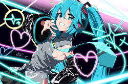  absurdres aqua_eyes aqua_hair aqua_necktie aqua_trim aria_honmono bare_shoulders black_skirt black_sleeves blush breasts collared_shirt commentary detached_sleeves female grey_shirt hair_between_eyes hair_ornament hatsune_miku headset highres long_hair looking_at_viewer medium_breasts necktie number_tattoo pleated_skirt shirt skirt sleeveless sleeveless_shirt smile solo tattoo teeth tie_clip twintails upper_body very_long_hair vocaloid 