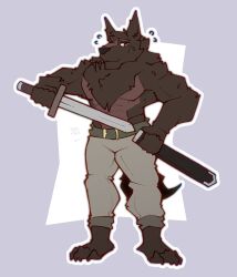  2024 anthro artist_name bottomwear canid canine canis clothed clothing dated hi_res lyall_(lyre) lyre_(visual_novel) male male_anthro mammal melee_weapon pants pants_only scabbard solo standing sword telltalecoyote text topless weapon wolf 