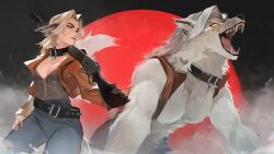  16:9 2026 absurd_res after_transformation anthro bottomwear breasts canid canine cleavage clothed clothed_female clothed_humanoid clothing collar colored deadlock_(game) denim denim_bottomwear denim_clothing detailed digital_drawing_(artwork) digital_media_(artwork) duo_focus eclipse eyebrows eyelashes facial_scar facial_tuft fangs featureless_breasts female female_anthro female_focus fully_clothed fully_clothed_female fully_clothed_humanoid grey_hair group gun hair hi_res holding_gun holding_object holding_ranged_weapon holding_shotgun holding_weapon humanoid jacket lilah_silver mammal multiple_poses muscular muscular_anthro muscular_female mythological_canine mythological_creature mythology open_mouth portrait pose ranged_weapon scar shaded sharp_teeth shotgun surge09 teeth three-quarter_portrait tongue topwear tuft valve weapon werecanid werecanine werecreature werewolf widescreen yellow_eyes 