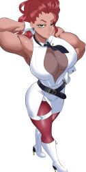  abs arm_behind_head armpits belt biceps black_belt black_necktie boots breasts center_opening cleavage cleavage_cutout clothing_cutout commentary crimson_viper dark-skinned_female dark_skin dress earrings female from_above full_body gloves green_eyes hair_pulled_back hair_slicked_back hand_on_own_hip high_heel_boots high_heels highres jewelry knee_boots large_breasts lipstick long_hair looking_at_viewer makeup muscular muscular_female nasu_(ilo_a5) necktie pantyhose parted_lips pink_pantyhose plunging_neckline red_hair shoes short_necktie simple_background sleeveless sleeveless_dress solo standing street_fighter street_fighter_6 thick_thighs thigh_strap thighs white_background white_dress white_gloves 
