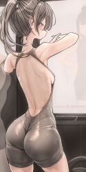  ass back backless_outfit bare_shoulders black_hair breasts brown_eyes commentary_request cowboy_shot english_commentary female from_behind genek highres kettlebell long_hair mirror mixed-language_commentary orange_eyes original ponytail sideboob skin_tight small_breasts solo standing thighs 