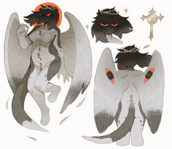  2024 4_fingers angel annoyed anthro archived_source back_wings belly_tuft big_wings black_hair body_hair breasts cheek_tuft chest_tuft claws clothing countershade_torso countershading creepy_face cross curled_fingers digitigrade dipstick_tail dipstick_wings ears_as_hair eyes_on_wings facial_tuft fallen_angel feathered_wings feathers featureless_breasts feet female finger_claws fingers floating floppy_ears full-length_portrait fur grey_body grey_fur grey_spots grey_tail hair half-closed_eyes happy_trail head_tuft headgear headwear hi_res hindpaw long_tail looking_at_viewer markings medium_breasts mouthless multi_nipple multicolored_body narrowed_eyes navel navel_tuft nipples nude on_one_leg paws portrait pupils rear_view red_eyes red_sclera shaded shadow_face simple_background smile soft_shading solo spots standing tail tail_markings teats thorn_crown trans_(lore) trans_man_(lore) tuft two_tone_body unusual_anatomy unusual_eye_placement unusual_wings white_background white_body white_breasts white_fur white_paws white_tail_tip wing_eyes wings wolfertinger 