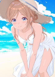  absurdres bare_shoulders bikini blue_eyes blush breasts brown_hair cleavage closed_mouth cloud commentary_request female gakuen_idolmaster hair_between_eyes hands_on_own_knee hat highres himesaki_rinami idolmaster leaning_forward looking_at_viewer m4kiba_sora medium_breasts outdoors sarong sky smile solo straw_hat swimsuit white_bikini white_sarong 