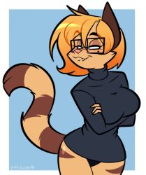  2026 anthro blonde_hair blue_eyes breasts cassandra_(psicoyote) clothing collarbone crossed_arms domestic_cat eyebrows eyelashes eyewear fangs felid feline felis female glasses hair hi_res mammal mole_under_eye panties psicoyote solo striped_body stripes sweater tan_body teeth topwear underwear 