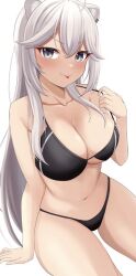  ahoge animal_ear_piercing animal_ears arm_support bikini black_bikini blush breasts cleavage closed_mouth collarbone commentary_request cowboy_shot female grey_eyes grey_hair hair_between_eyes hololive invisible_chair large_breasts lion_ears lion_girl long_hair looking_at_viewer navel ramkilog shishiro_botan simple_background sitting solo strap_pull swimsuit thighs tongue tongue_out very_long_hair virtual_youtuber white_background 