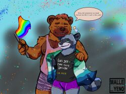  anthro bottomwear clothing english_text glitter hand_on_shoulder hyena lgbt_pride lgbt_pride_month malle_yeno mammal nipples parade pride_color_clothing pride_color_flag pride_colors procyonid raccoon shirt shorts tank_top text text_on_clothing text_on_shirt text_on_topwear topwear vincian_pride_colors 