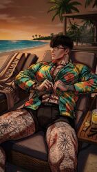  1boy beach bilingual_commentary commentary_request emporio_armani english_commentary glasses highres leg_tattoo lookism male_focus mixed-language_commentary russian_commentary tagme tattoo 