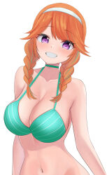  absurdres bikini blush braid breasts choker cleavage collarbone commentary_request female green_bikini green_choker green_streaks grin hairband highres hololive hololive_english large_breasts long_hair looking_at_viewer multicolored_hair navel orange_hair parted_bangs purple_eyes ramkilog simple_background smile solo streaked_hair swimsuit takanashi_kiara twin_braids upper_body virtual_youtuber white_background white_hairband 