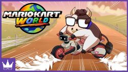  16:9 2025 2_horns action_scene alternate_species anthro black_eyewear black_glasses black_hair black_hooves black_tail black_tail_tuft blue_collar border bovid bovine cattle collar colored curly_hair curved_horn digital_drawing_(artwork) digital_media_(artwork) dirt dust english_description english_text eyewear facial_piercing fence fur furrification fusion gaelfox glasses grass hair hi_res hillside hoof_hands hooves horn logo male male_anthro mammal mario_bros mario_kart mario_kart_world moo_moo_meadows_cow morning motion_lines motorcycle multicolored_body multicolored_fur nintendo nose_piercing nose_ring nude nude_anthro nude_male outside piercing pink_sky plant purple_border ray_narvaez_jr. real_world riding_motorcycle ring_piercing shaded short_hair sky solo tail tail_tuft tan_body tan_fur tan_horn text title tuft vehicle white_body white_fur widescreen youtube_thumbnail 
