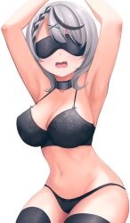  armpits arms_up black_bra black_collar black_panties black_streaks black_thighhighs blindfold blush bound bound_arms bra breasts cleavage collar commentary_request cowboy_shot facing_viewer female grey_hair hair_ornament hololive large_breasts medium_hair multicolored_hair navel oerba_yun_fang open_mouth panties ramkilog sakamata_chloe simple_background skin_fang solo streaked_hair thighhighs underwear underwear_only virtual_youtuber white_background x_hair_ornament 