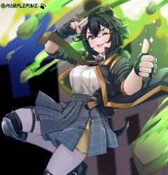  2022 absurd_res accessory animal_ears animal_humanoid animal_tail arknights black_hair bottomwear breasts brown_eyes canid canid_humanoid canine canine_humanoid canis clothed clothing dog_humanoid female fingerless_gloves footwear gesture gesturing_at_viewer gloves gun hair handgun handwear hi_res holstered_pistol humanoid hypergryph jacket jackie_(arknights) knee_pads looking_at_viewer mammal mammal_humanoid murplepuke necktie one_eye_closed open_clothing open_jacket open_mouth open_smile open_topwear pistol pose ranged_weapon shirt shoes short_hair skirt smile solo standing studio_montagne topwear weapon 