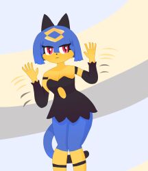  5_fingers accessory anthro blue_body blue_fur blue_hair clothed clothing dipstick_tail domestic_cat dress eyelashes felid feline felis female fingers foxmaidsus fur gesture hair hair_accessory hi_res mammal markings palworld pocketpair red_eyes sekhmet_(pal) solo tail tail_markings waving waving_at_viewer yellow_body yellow_fur 