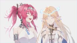 2girls absurdres armlet bare_shoulders blonde_hair breasts cartethyia_(wuthering_waves) chromatic_aberration closed_eyes collar commentary_request earrings fleur-de-lis hair_ornament hairband hand_up highres jewelry lamchun_(2006) large_breasts long_hair lupa_(wuthering_waves) metal_collar metal_hairband multiple_earrings multiple_girls necklace open_mouth parted_bangs pink_hair pointy_ears sidelocks small_breasts smile tacet_mark_(wuthering_waves) wuthering_waves 