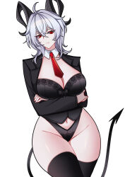  absurdres alternate_costume black_horns black_panties black_thighhighs breasts charlie_purrito closed_mouth commentary cowboy_shot crossed_arms crossed_bangs curled_horns detached_collar english_commentary female hair_between_eyes highres horns large_breasts long_sleeves looking_at_viewer medium_hair mole mole_under_eye navel necktie panties red_eyes red_necktie simple_background solo tail thighhighs underwear white_background white_hair wuthering_waves zani_(wuthering_waves) 