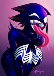  2026 713_(artist) absurd_res alien alien_humanoid big_breasts bodily_fluids breasts female hi_res humanoid long_tongue looking_at_viewer marvel not_furry saliva saliva_on_tongue sharp_teeth she-venom simple_background smile solo spiked_arms spiked_shoulders spikes symbiote teeth tongue tongue_out venom_(marvel) 