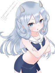  blue_eyes blue_hair blue_shirt blue_skirt breasts collarbone commentary_request cowboy_shot cropped_shirt crossed_arms double-parted_bangs female from_side hair_between_eyes highres i-203_(kancolle) kantai_collection long_hair long_sidelocks looking_at_viewer matu_(matu19) miniskirt navel neckerchief open_mouth request_inset sailor_collar shirt side_slit sidelocks simple_background skirt sleeveless sleeveless_shirt small_breasts solo standing stomach sweat turning_head white_background white_neckerchief white_sailor_collar 