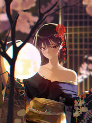  absurdres black_eyes blue_kimono blurry blurry_background blurry_foreground blush brown_hair cherry_blossoms collarbone commentary depth_of_field female floral_print flower hair_flower hair_ornament highres hikimori_1 holding holding_lantern japanese_clothes kimono korean_commentary lantern looking_at_viewer obi original photo-referenced sash short_hair solo tree upper_body 