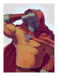  2024 anthro biceps border cloak clothed clothed_anthro clothed_male clothing digital_drawing_(artwork) digital_media_(artwork) eyebrows fingerless_gloves front_view fully_clothed fully_clothed_anthro fully_clothed_male gloves green_body green_eyebrows green_eyes green_pupils green_sclera half-length_portrait handwear hi_res jewelry kingarthur_i lizard looking_aside looking_up male mouth_closed muscular muscular_anthro muscular_male necklace overbite portrait pouch_(clothing) pupils red_cloak red_clothing red_fingerless_gloves red_gloves red_handwear reptile scalie slit_pupils snout solo teeth tight_clothing tight_topwear topwear underbite white_border yellow_clothing yellow_topwear 