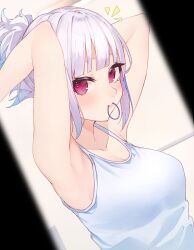  absurdres alternate_costume alternate_hairstyle armpits arms_behind_head arms_up blue_hair blunt_bangs blush breasts camisole casual closed_mouth commentary_request dutch_angle female gradient_hair grey_hair hair_tie_in_mouth highres lize_helesta long_hair looking_at_viewer medium_breasts mouth_hold multicolored_hair nesumiru nijisanji notice_lines pillarboxed red_eyes sidelocks smile solo tying_hair virtual_youtuber white_camisole wispy_bangs 